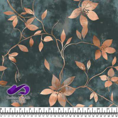 Motif floral cuivré sur fond texturé bleu canard