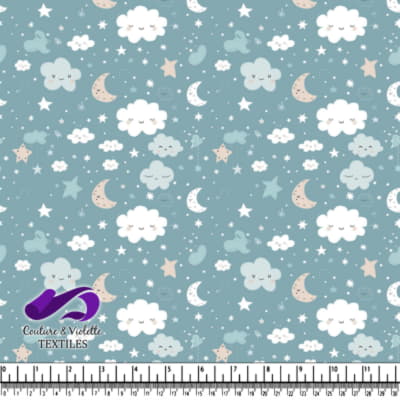 Cute sleepy clouds moon and stars pattern on blue background fabric design