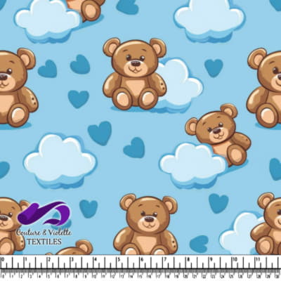 Cute teddy bears with clouds and hearts