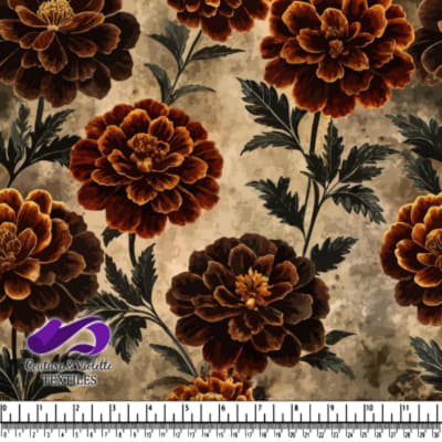 Vintage floral pattern with large brown and orange marigold flowers and green leaves