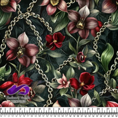 Motif floral sombre avec des fleurs rouges et roses entrelacées de chaînes dorées