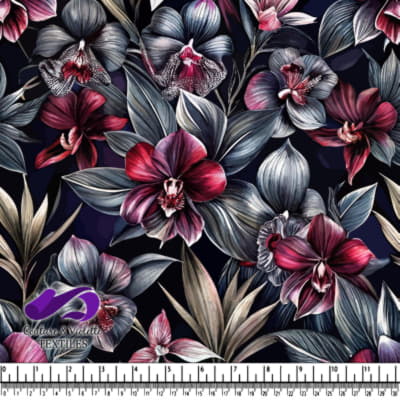 Motif floral sombre avec des orchidées vibrantes et des feuilles tropicales