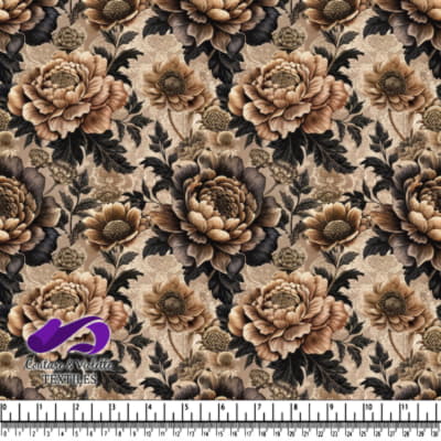 Vintage floral fabric pattern with large sepia-toned flowers
