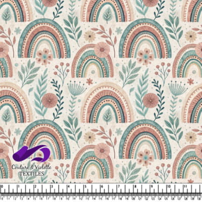 Motif de style bohème avec des arcs-en-ciel et des feuilles florales en teintes pastels