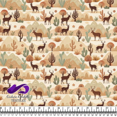 Desert landscape pattern with deer cacti and mountains in warm earthy tones