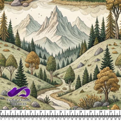 Paysage montagnard serein avec des pins, une rivière sinueuse et un feuillage d'automne dans un style vintage