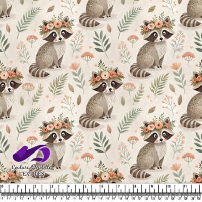 Raton laveur mignon avec une couronne de fleurs entouré de fleurs et de feuilles