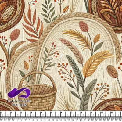 Autumn Harvest Botanical Pattern with Woven Baskets