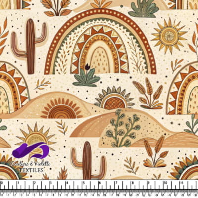 Boho desert landscape pattern with rainbows cacti and sunflowers