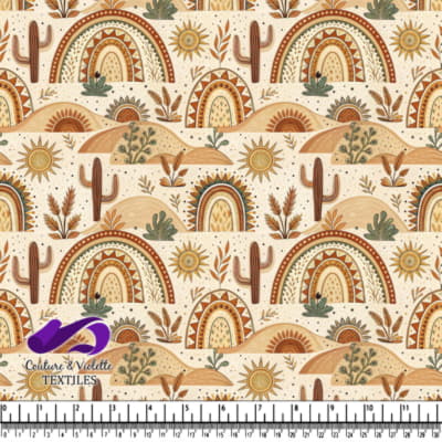 Boho desert landscape pattern with rainbows cacti and sunflowers