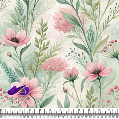 Watercolor floral pattern with pink flowers and green leaves
