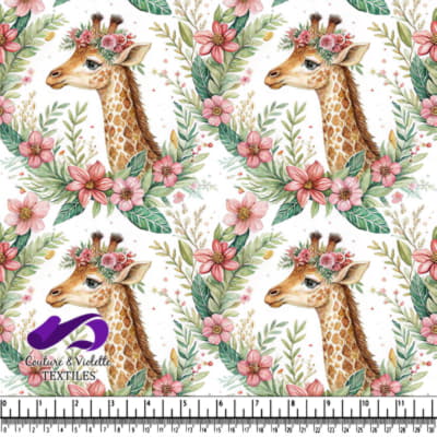 Girafe aquarelle entourée de fleurs roses et de feuilles vertes