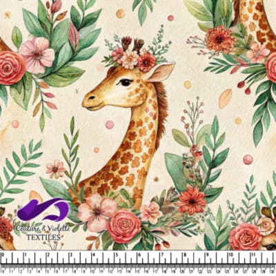 Girafe aquarelle avec couronnes florales et éléments botaniques environnants