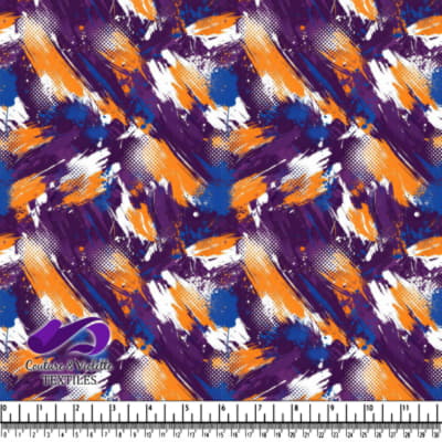 Abstract brushstroke pattern in purple orange blue and white with halftone dots