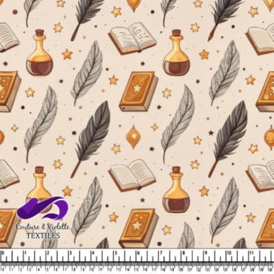 Magic pattern with spell books quills potions and stars