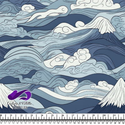 Blue and white stylized mountain and cloud pattern