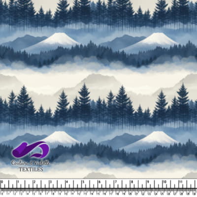 Snow-capped mountain surrounded by layered pine forests and misty fog