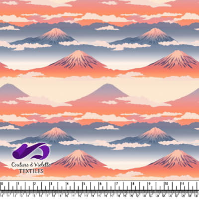 Stylized mountain landscape with clouds and sunset colors