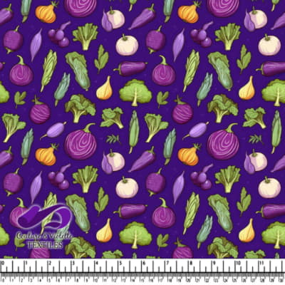Colorful purple and green vegetables pattern on dark background