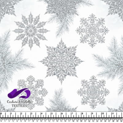 Intricate Silver Snowflakes and Pine Branches Winter Fabric Design
