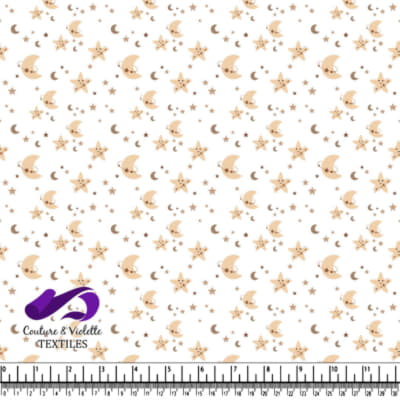 Cute Smiling Stars and Moons Pattern on White Fabric