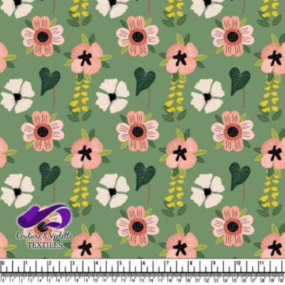 Motif Floral Vert avec Fleurs Roses, Blanches et Jaunes