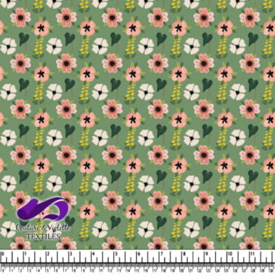 Motif Floral Vert avec Fleurs Roses, Blanches et Jaunes
