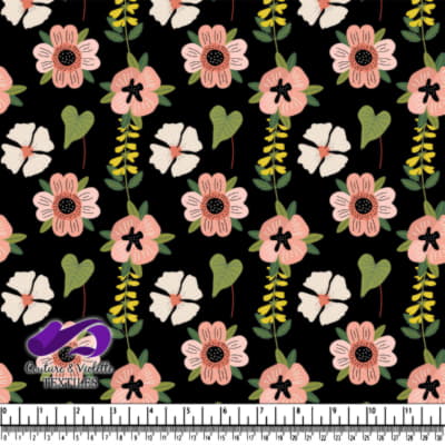 Motif floral rose et blanc avec des feuilles vertes sur fond noir