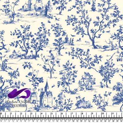 Blue and white vintage countryside toile fabric pattern