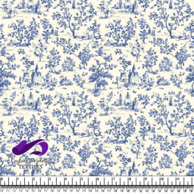 Blue and white vintage countryside toile fabric pattern