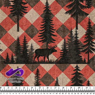 Rustic Forest Woodland Plaid with Moose and Pine Trees Fabric Pattern