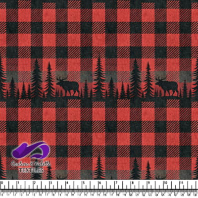 Motif en tartan rouge et noir avec des sapins et une silhouette d'élan