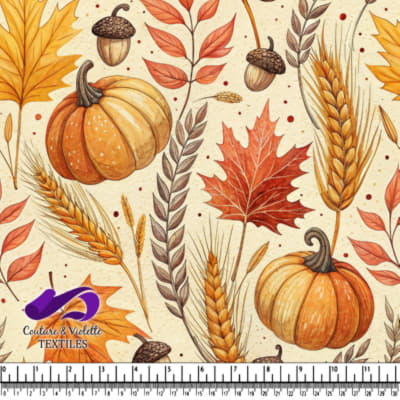 Autumn Harvest Pattern with Pumpkins Leaves Acorns and Wheat