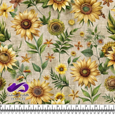 Sunflowers and Leaves on Linen Fabric Background