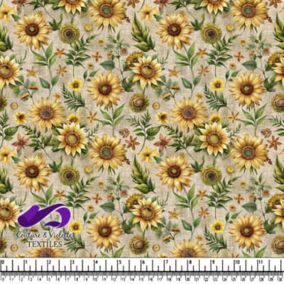 Sunflowers and Leaves on Linen Fabric Background
