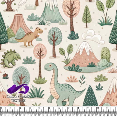 Cute dinosaurs in prehistoric forest scene