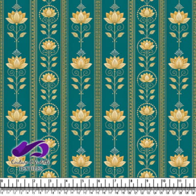 Golden Lotus Floral Pattern on Teal