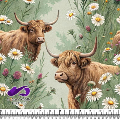 Vaches des Highlands dans un Pré de Fleurs Sauvages
