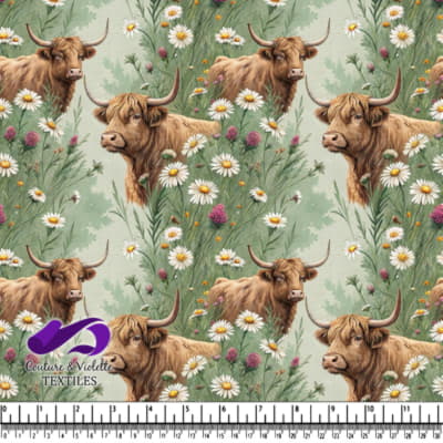 Vaches des Highlands dans un Pré de Fleurs Sauvages