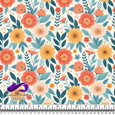 Bright Floral Pattern with Blue Leaves