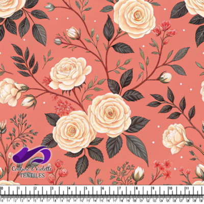 Roses Crème Vintage sur Fond Corail