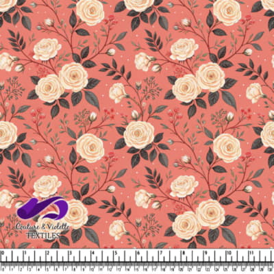 Roses Crème Vintage sur Fond Corail