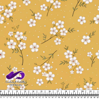 Fleurs Blanches sur Tissu Jaune Moutarde