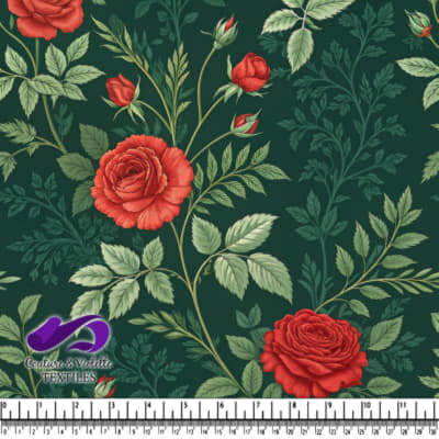 Vintage Red Roses on Green Background Pattern