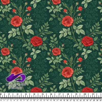 Vintage Red Roses on Green Background Pattern