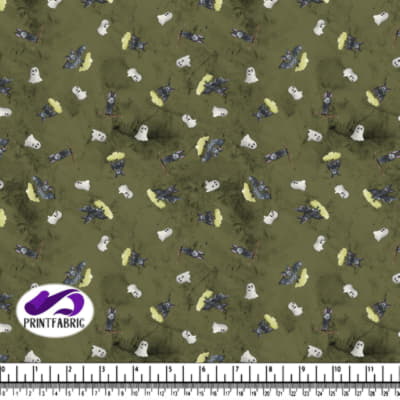 Halloween - Fantômes et chauves-souris sur fond olive