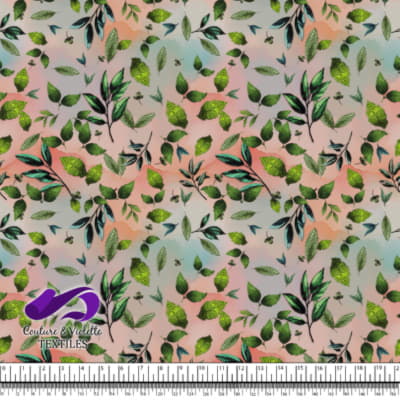 Embroidery bloom - Feuilles sur fond corail