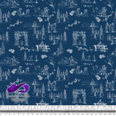 Toile de Jouy - Hiver sur fond lapis blue